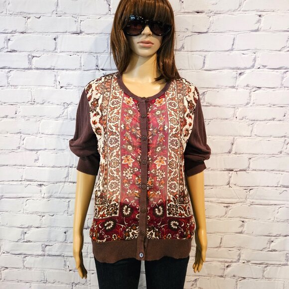 NEW YORK & COMPANY, Boho brown and burgundy button up cardigan - Picture 3 of 10